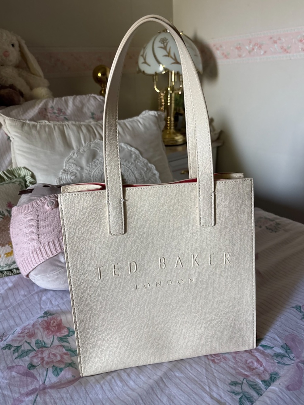 Ted Baker London Cream Structured Tote Bag | Red Interior